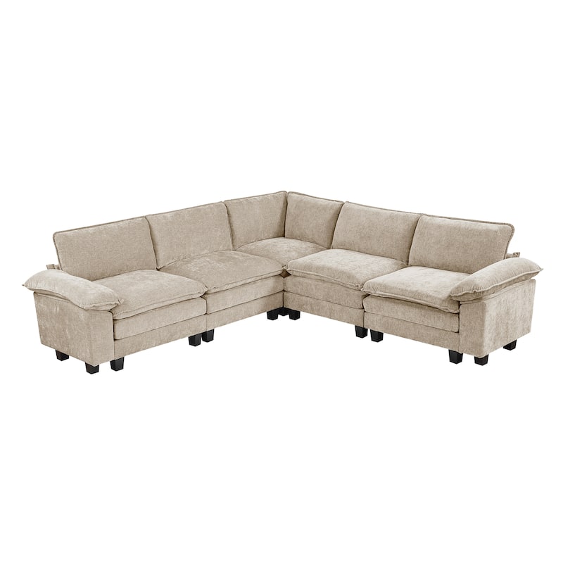Terra Chenille 5-Piece Modular Sectional Sofa - Wood Finish Feet - Taupe