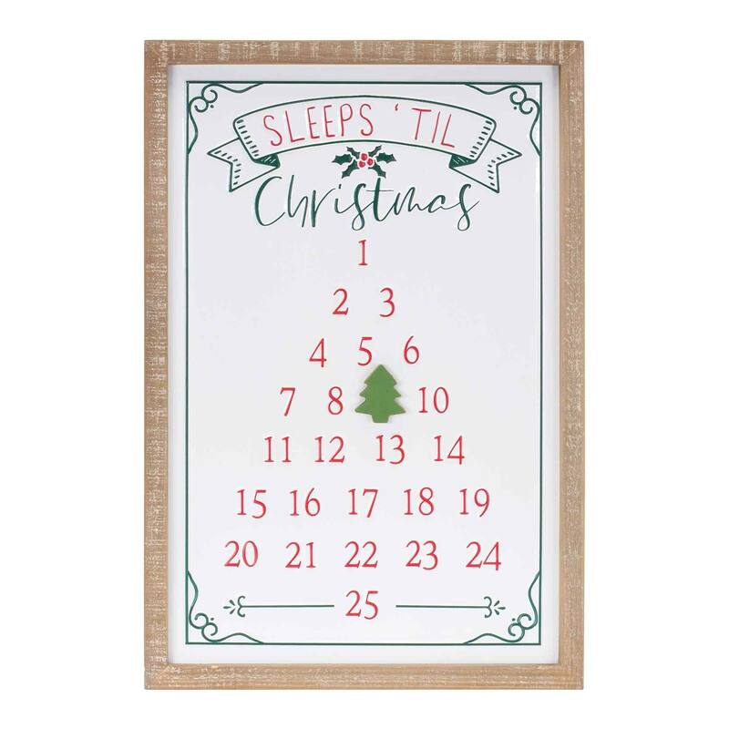 22" Red & White "Sleeps 'til Christmas" Christmas Countdown Wall Sign - Brown