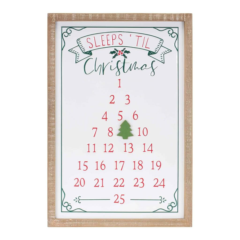22" Red & White "Sleeps 'til Christmas" Christmas Countdown Wall Sign - Brown