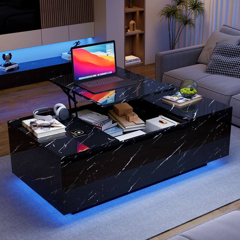 47.2" LED Lift Top Coffee Table with Wireless Charging & Bluetooth Speaker, Smart Storage Drawer, RGB Lights