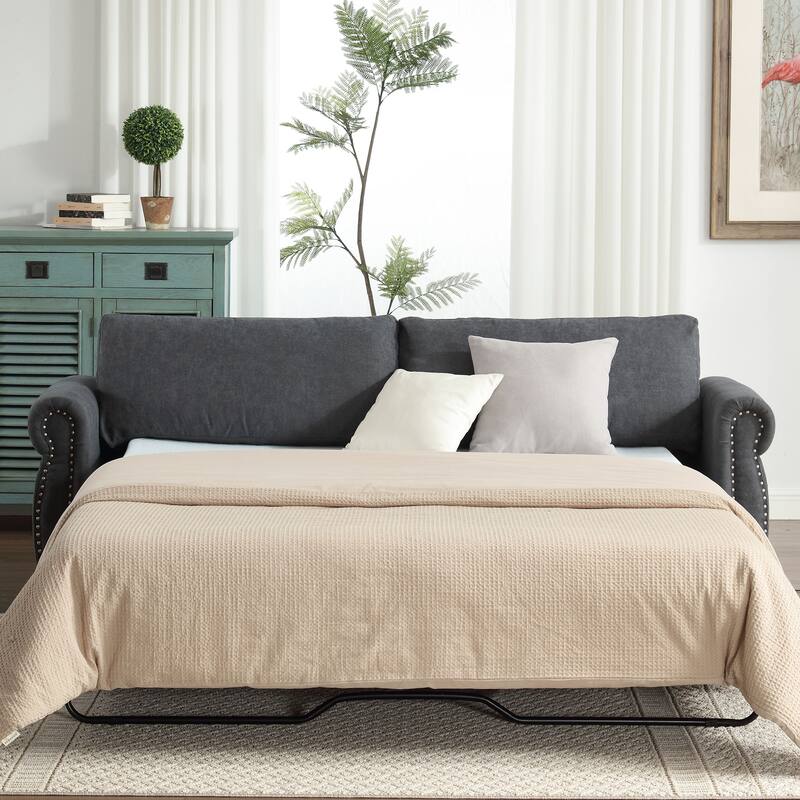 63″ Polyester 3-Seater Sleeper Sofa with Pull-Out Mattress & Retro Rivet Arms