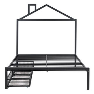 Full Size Metal Platform Bed w/ Drawers & House-Shaped Headboard,Black