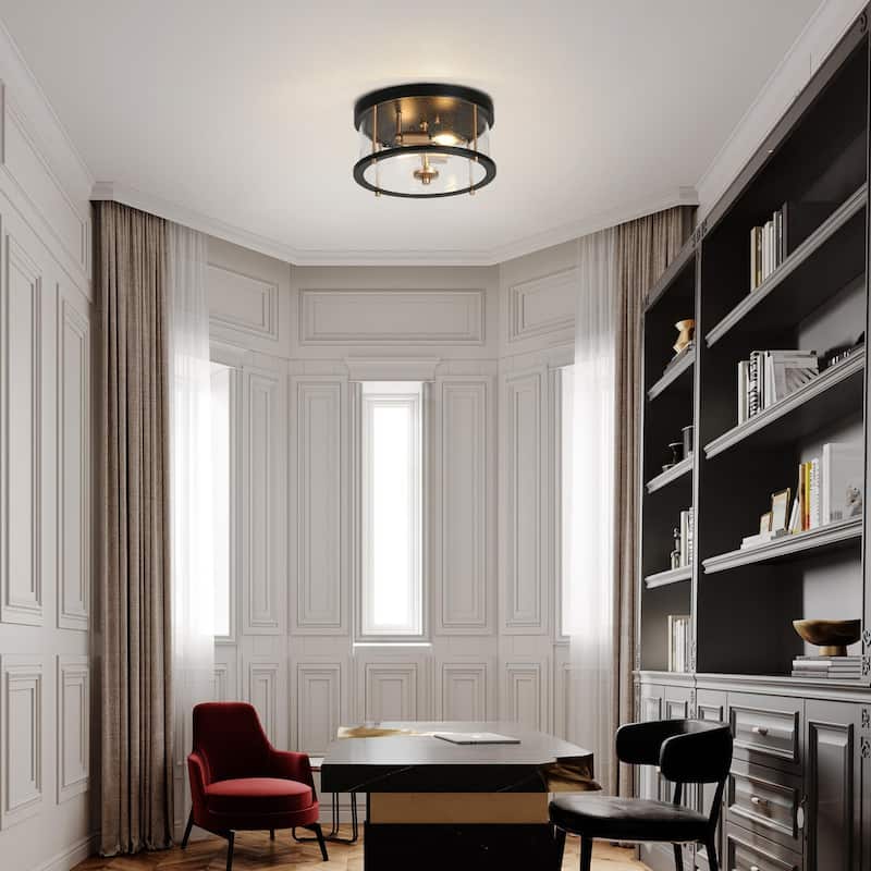 Modern Farmhouse 2-Light Drum Glass Flush Mount Chandelier Black Gold Ceiling Light - D 11" x H 6"