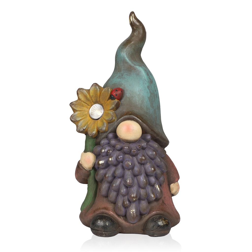 Solar Gnome Holding Flower w/ Turquoise Hat Statuary