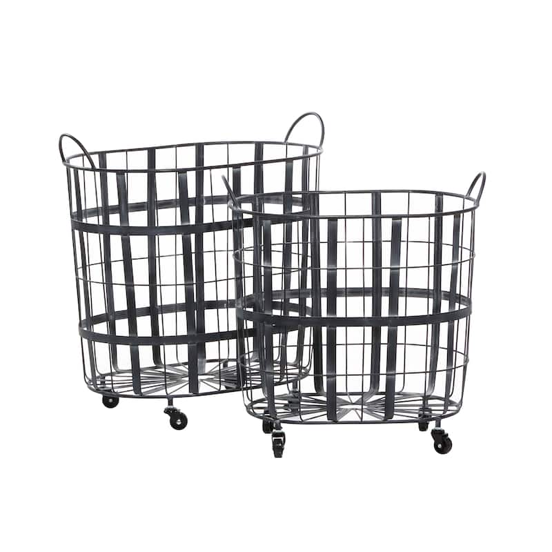 Metal Wire Grid Storage Basket with Wheels and Handles - Set of 2 Black - Roche River Decor - 16"W x 24"L x 25"H