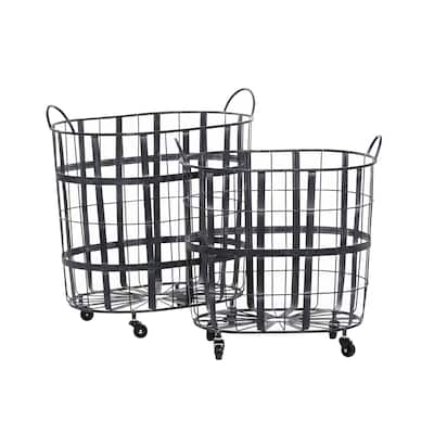 Metal Wire Grid Storage Basket with Wheels and Handles - Set of 2 Black - Roche River Decor - 16"W x 24"L x 25"H