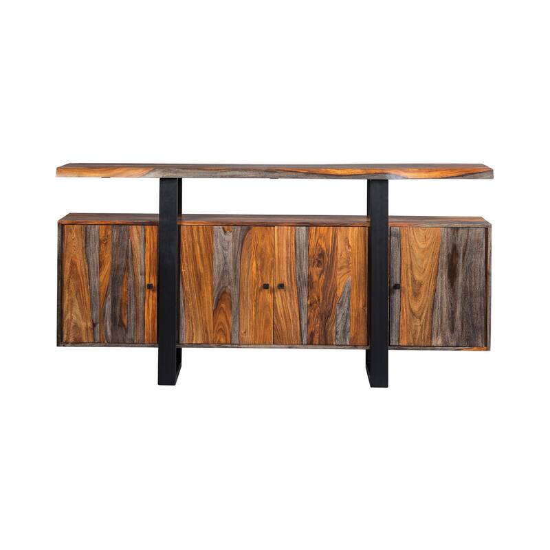 Metal and Wood 4 Door Server with Grain Details, Brown and Black