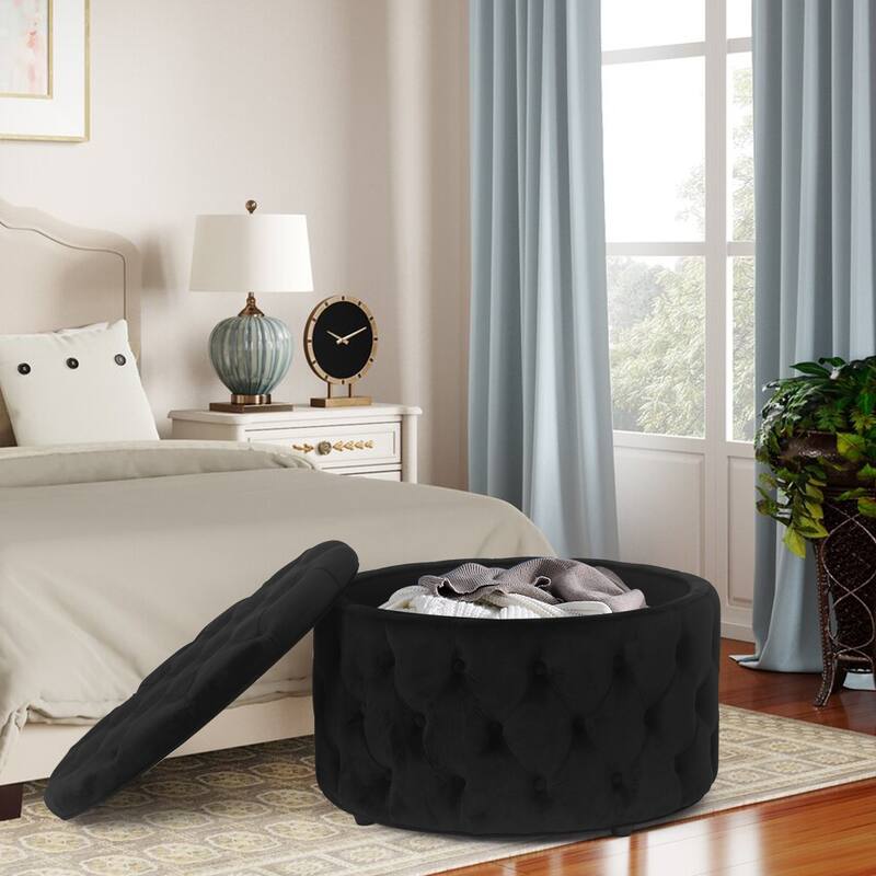 Adeco Round Storage Ottoman Button Tufted Footrest Stool Bench