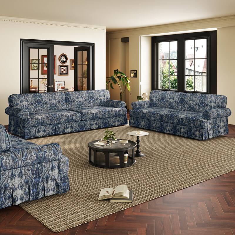 2 Piece Sofa Set for Living Room, Classic 4 Seat Couch and 3 Seat Sofa with Pleated Skirt Design, Rolled Arms Deep Seat Couches - Blue Floral - Oxford fabric