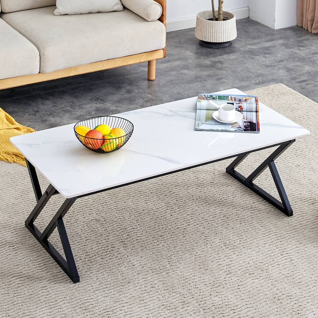 Versatile Coffee Table White Marble with Black Metal Legs