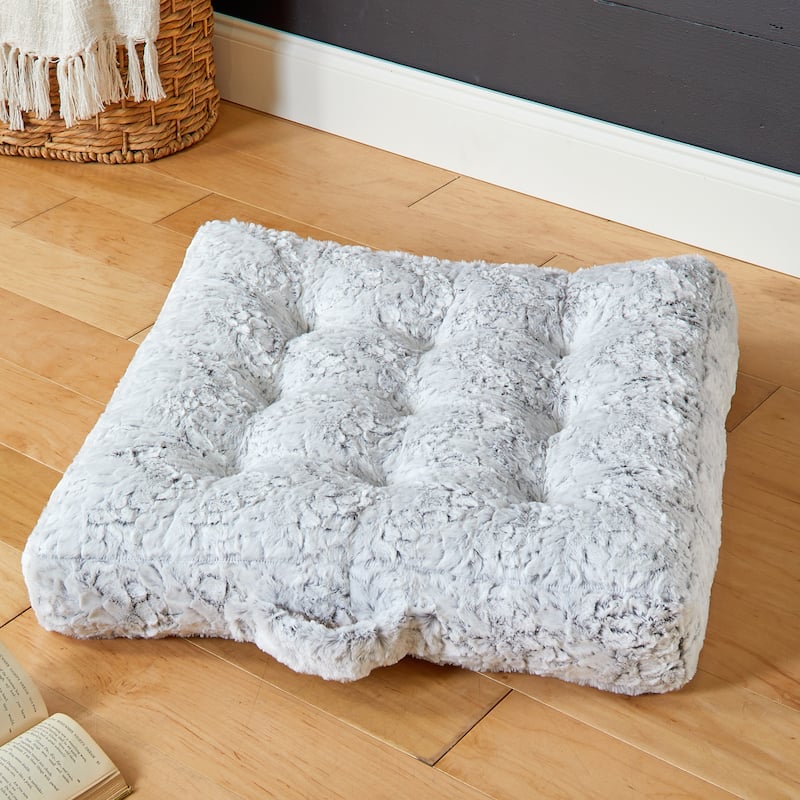 Sorra Home Indoor Faux Fur Tufted Floor Pillow with Handle - 24 in x 24 in x 5 in - Fauxchilla Silver Fox
