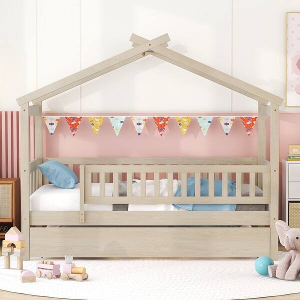 slide 2 of 13, Wooden Twin Size Creativity House Bed with Twin Size Trundle and Headboard, Spacious Storage Natural