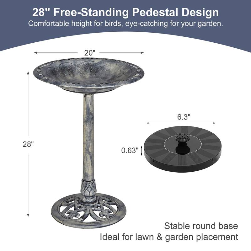Javlergo 28" Pedestal Outdoor Bird Bath with Solar Powered Fountain for Outside Vintage Bronze Polyresin Lightweight