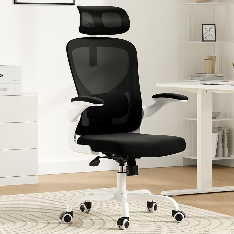 Ergonomic Office Chair With Headrest,High Back Computer Chair With Armrests And Adjustable Lumbar Support - Black,White