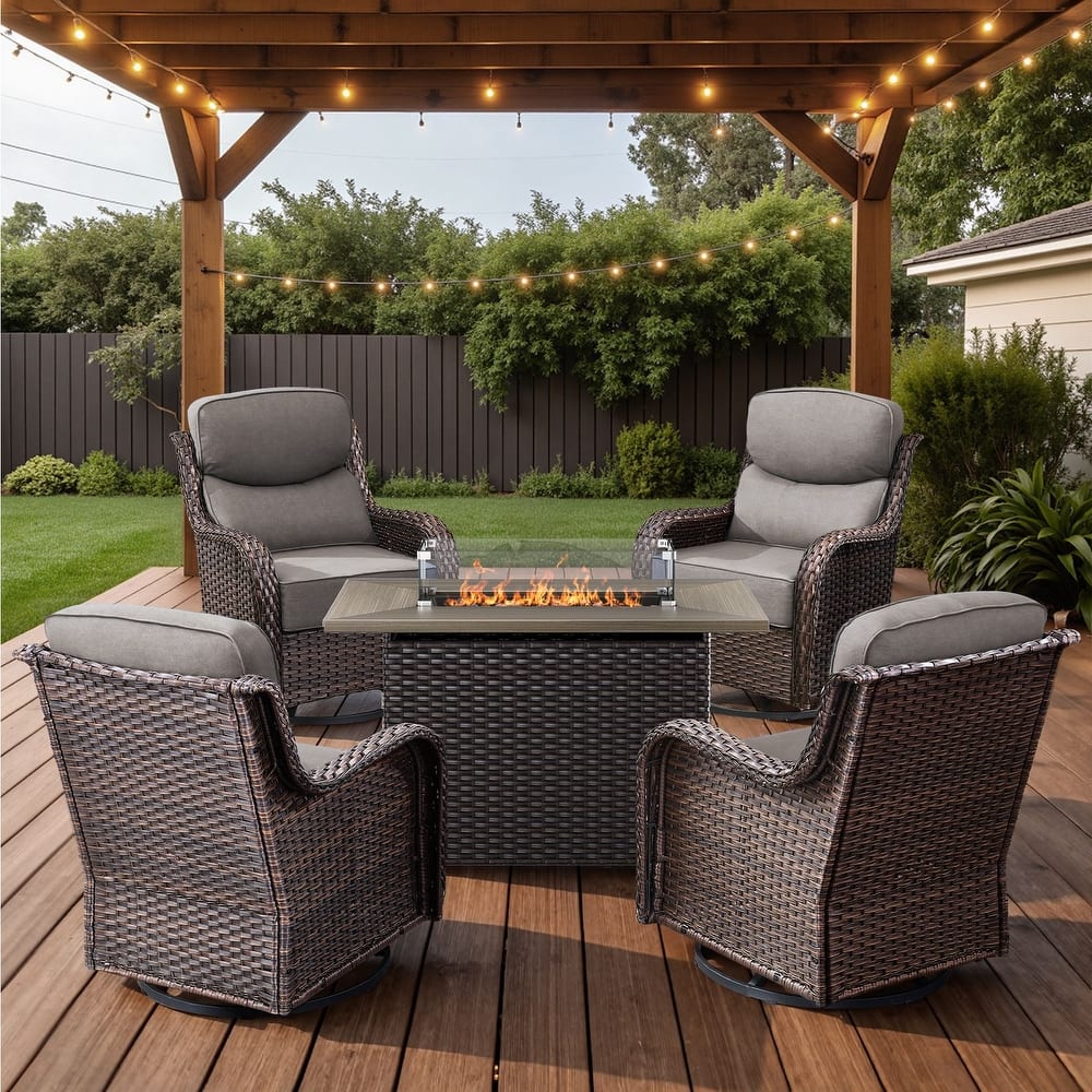Meyreso 5-Piece Patio Conversation Set with 4 Swivel Glider Chairs and Wicker Fire Pit