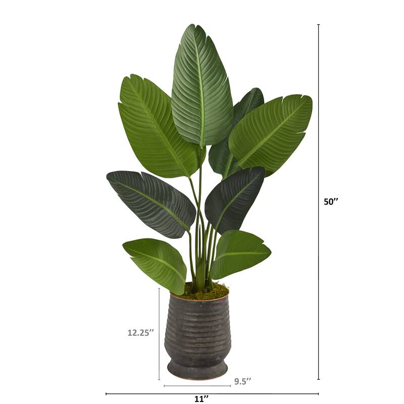 50" Travelers Palm Artificial Tree in Ribbed Metal Planter