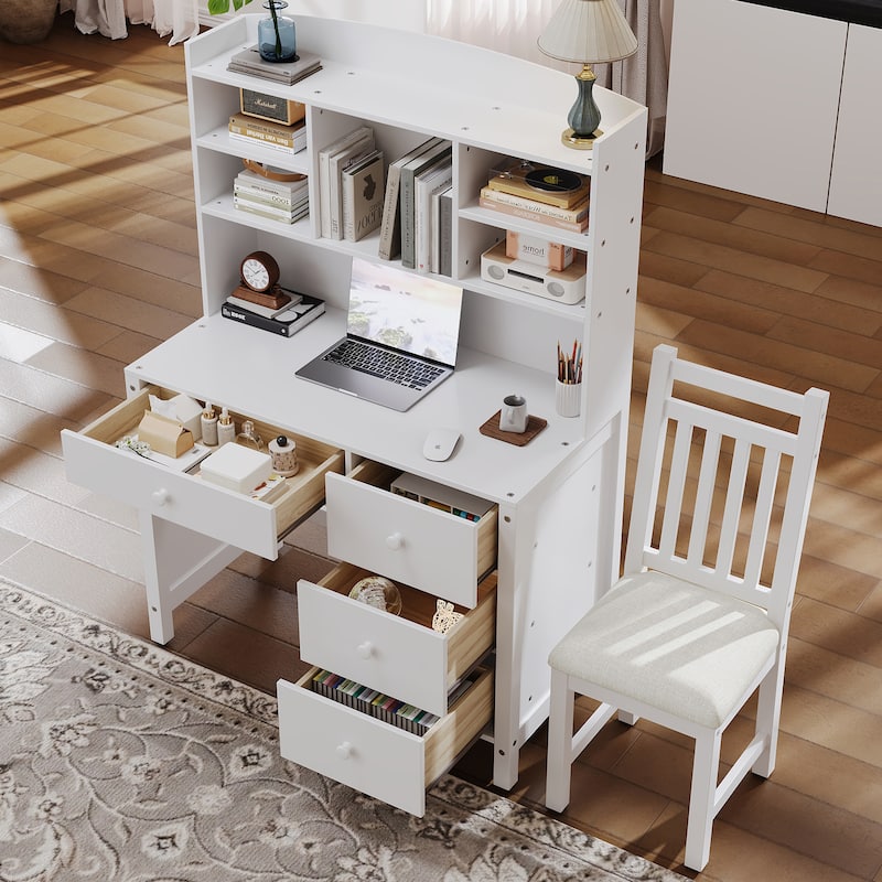 40"Home Executive Desk and Upholstered Chair Set with Bookshelf, Computer Desk with Four Drawers, Storage Shelf, and Chair