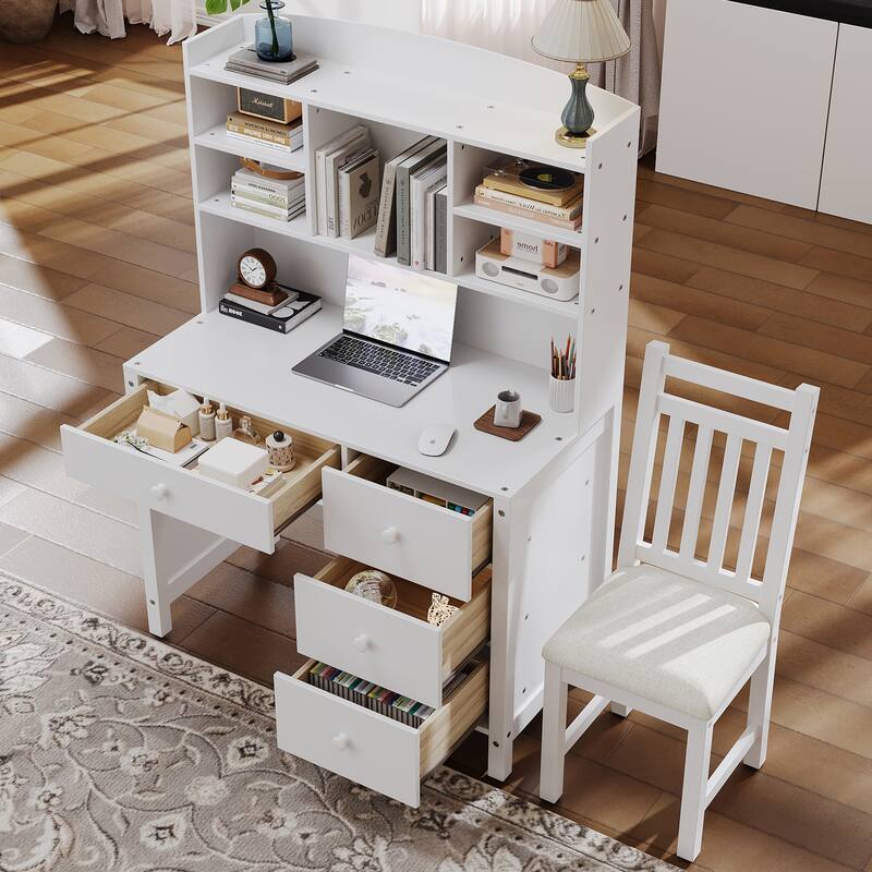 Computer Desk Set with 4 Drawers, Storage Shelf and Chair Writing Desk