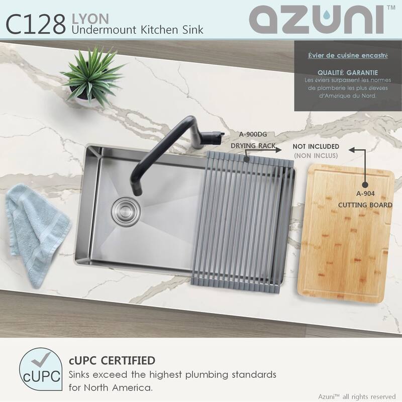 AZUNI 28 inches L x 18 inches W Single Bowl Undermount 16G Reversible Kitchen Sink with Grid and Basket Strainer C128