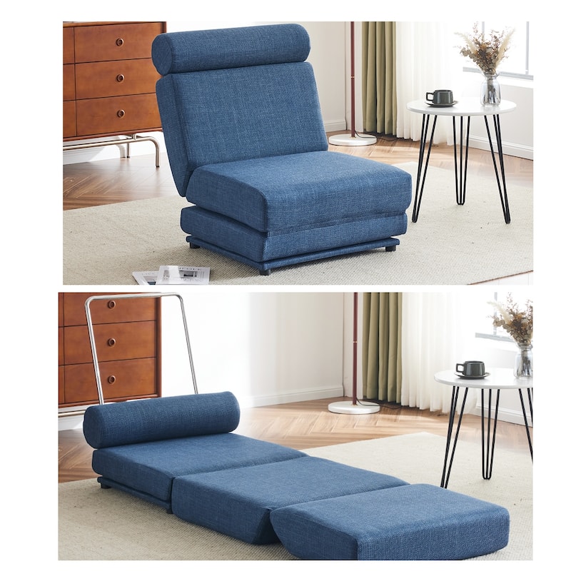 Single Sofa Chair Foldable Bed with Pillow,Portable Sofa Bed,Sofa Chair,Made of Breathable and Wearable Linen - Blue