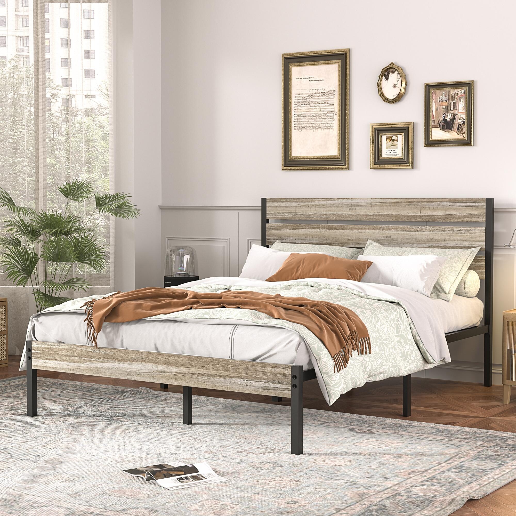 VECELO Industrial Wood Bed with Headboard Twin Size Beds Full