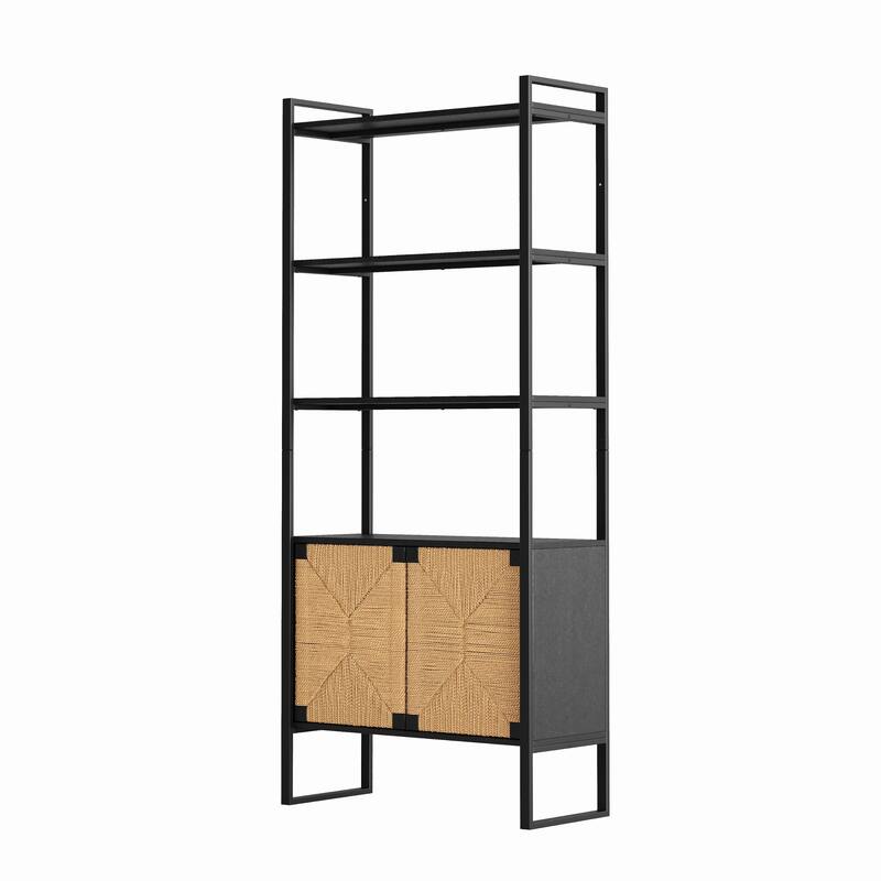 Rattan Cabinet Door Storage Bookshelf, Dual-Function Open Display Shelf with Closed Cabinet for Living Room,Entryway,Bedroom