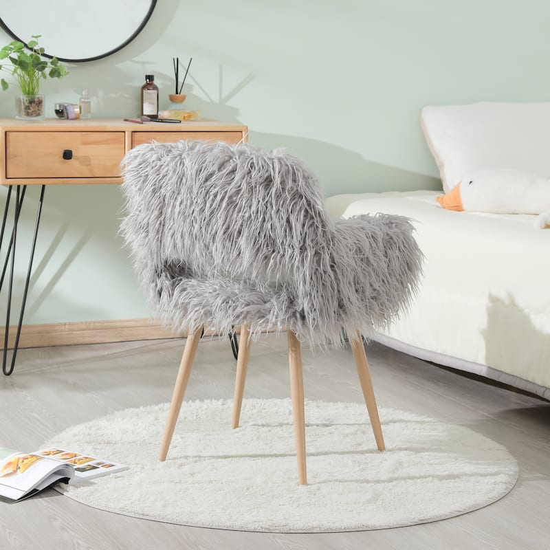 Faux Fur Upholstered Make-up Chair Side Dining Chair with Metal Leg