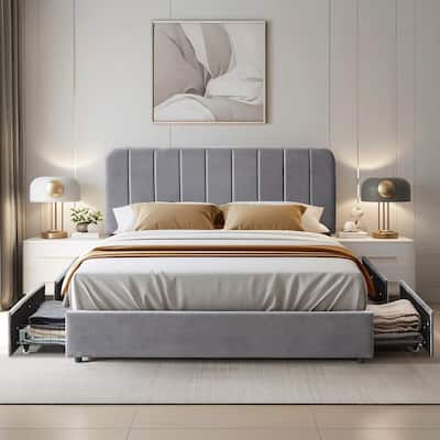 VECELO Bed Frame with 4 Storage Drawers Upholstered Platform Bedframe with Adjustable Headboard