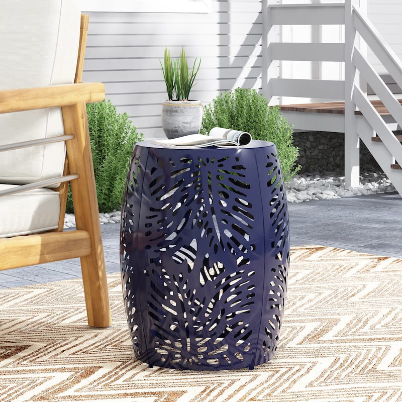 Steel Patio End Table, Round Side Table with Hollow Drum Design,Accent Table for Outdoor and Indoor Use