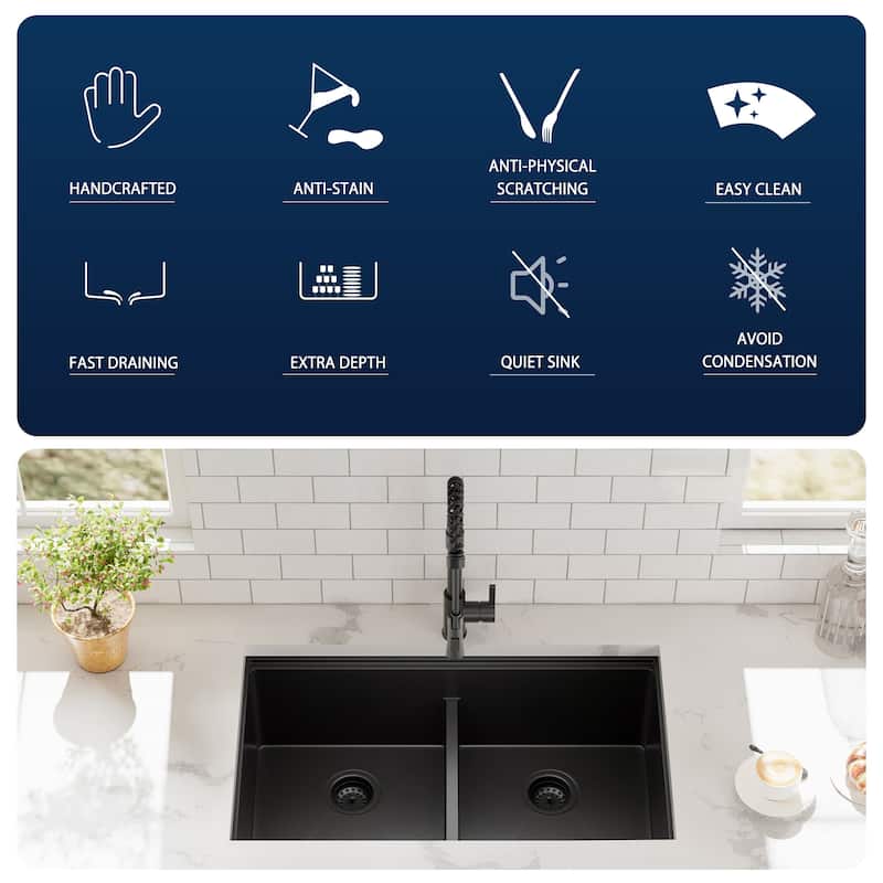 33 inch Upgrade Black Doubel Bowl Undermount Workstation Stainless Steel Sink, 18 Gauge Single Bowl Stainless Steel