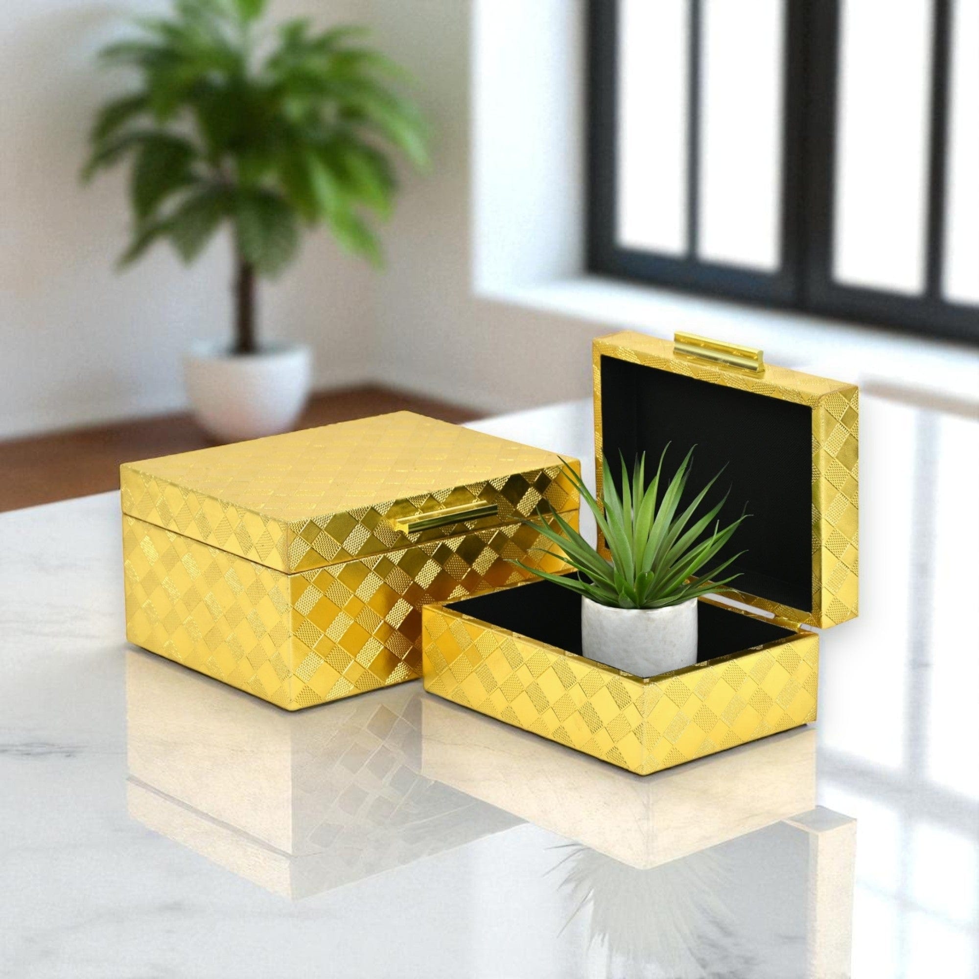 Zuleika Set of 2 Rectangular Decorative Storage Boxes - Gold Checkered Diamond Pattern - N/A