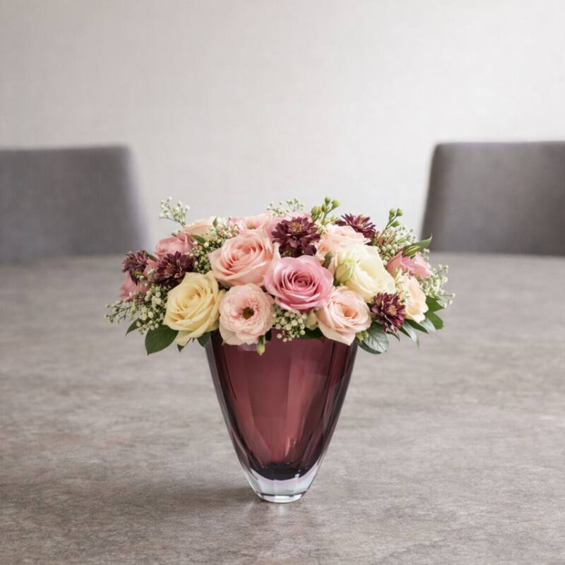 Heavy Cut Plum Glass Vase With Faceted Base And Tapered Shape