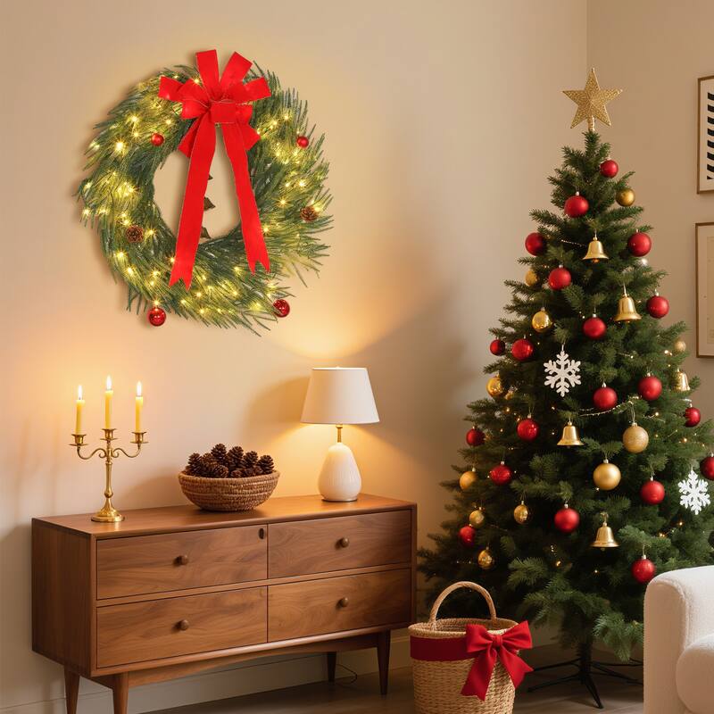 HOMCOM 36 Inch Christmas Wreath for Front Door with 100 LED Lights, Prelit Christmas Wreath with 8 Lighting Modes