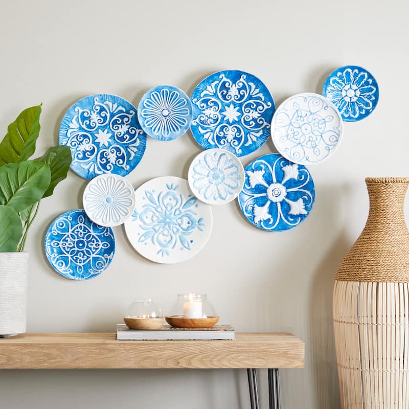 Blue Metal Plate Wall Decor with Embossed Details - Blue