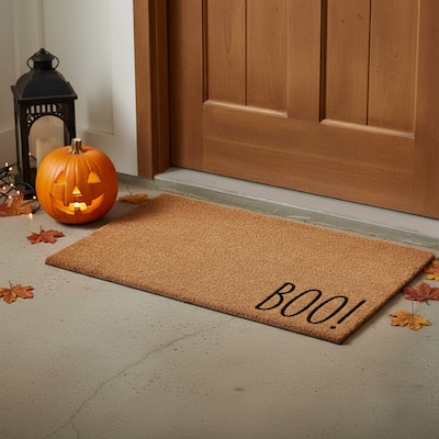 HomeRoots 17" X 29" Natural And Brown Boo Halloween Outdoor Coir Door Mat - 17.00' X '29.00