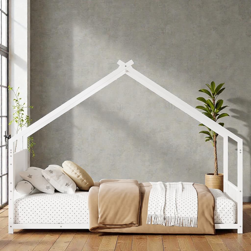 House Bed Frame with Roof & Colorful LED Lights, Metal Kids Floor Bed with Slats, Boys Girls Teens Canopy Bed, No Box Spring