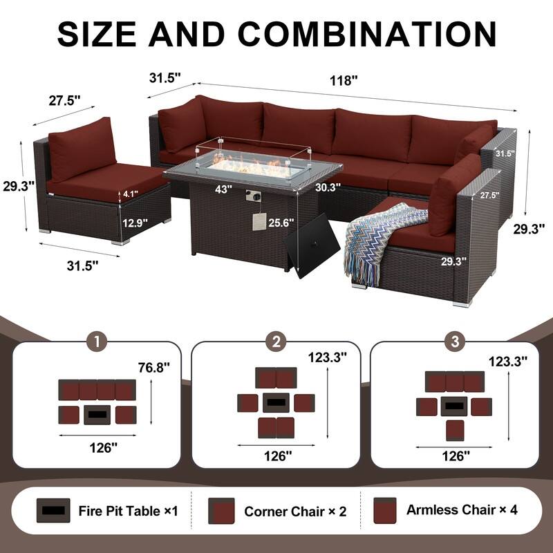 FINCATI Outdoor 7-piece Extra Large High Back Patio Furniture Set with Propane Gas Fire Pit Table, Conversation Wicker Couch Set