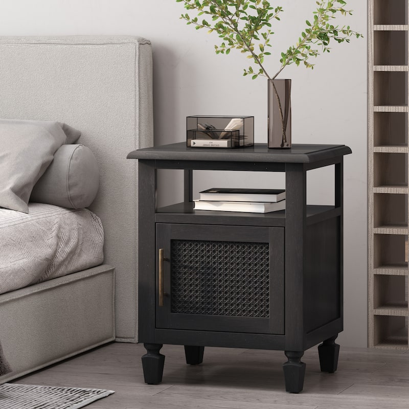 Roomfitters Modern Wood Nightstand with Open Shelf and Cabinet, Accent Side Table with Textured Door and Brass Handle, Dark Grey