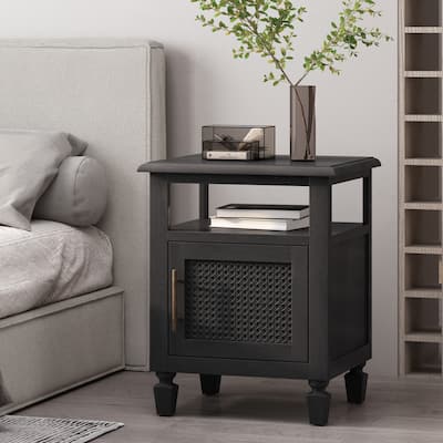 Roomfitters Modern Wood Nightstand with Open Shelf and Cabinet, Accent Side Table with Textured Door and Brass Handle, Dark Grey