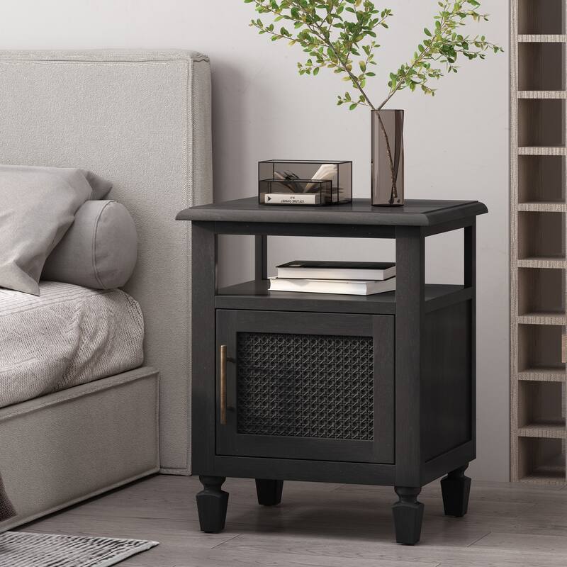 Tengren Acacia Wood and Cane Nightstand by Christopher Knight Home - Dark Gray