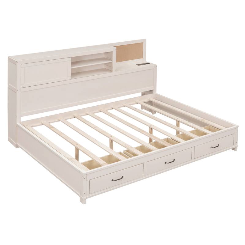 Full Size Platform Bed Wood Daybed with Storage Shelves, Drawers, Upper Soft Board, Charging Station and Slats Support