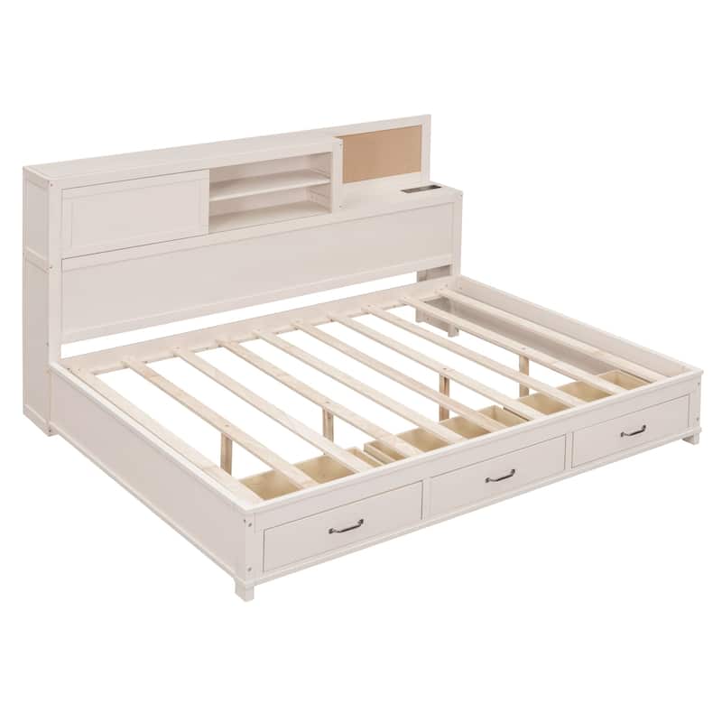 Multifunctional Wooden Daybed Featuring 3 Storage Drawers,Open Shelf, and Built-In Power Outlets with USB Ports‌