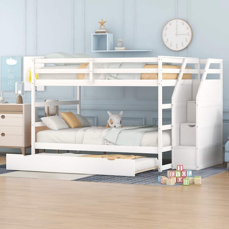 Bunk Bed with Trundle with Safety Guardrail and 3 Storage Stairs, Triple Bunk Multifunctional Space-Saving Solution for Bedroom