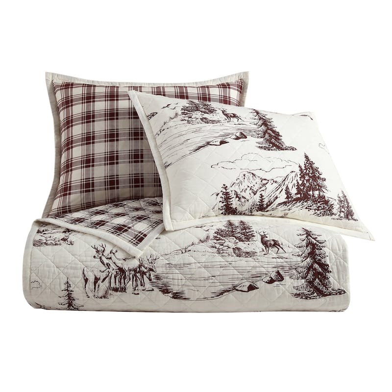 Paseo Road White Pine Toile Rustic Cabin Bedding 3 Piece Reversible Quilt Set