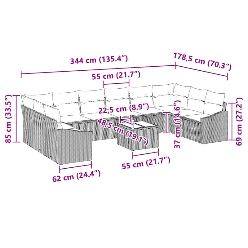 vidaXL 11 Piece Garden Sofa Set with Cushions - 135.4×70.3×27.2