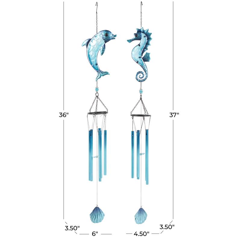 Blue Metal Animals Sea Life Windchime with Dangling Seashells (Set of 2)