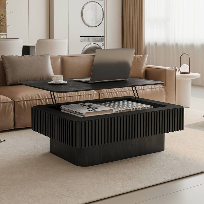 Fluted 38.6" Lift-top Coffee Table, Solid Wood Modern Accent Table with Storage and Adjustable Height - Black