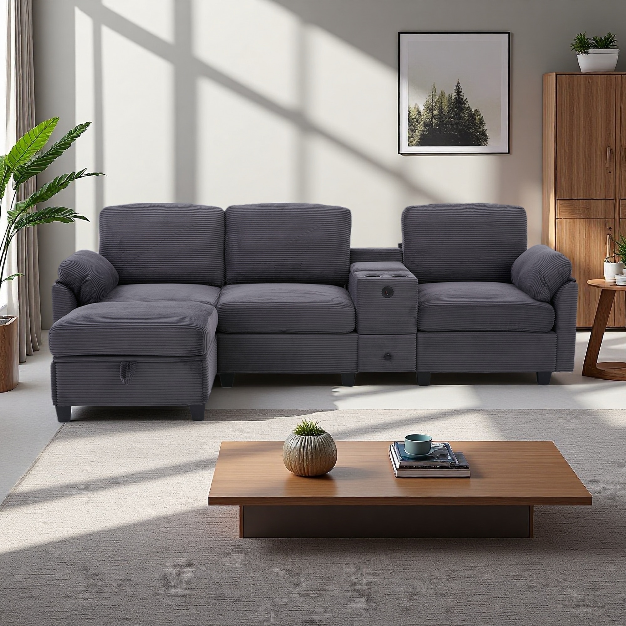 104.72" Corduroy L-Shaped 4-Seat Sectional Sofa with Cup Holders, USB Charging and Storage Ottoman