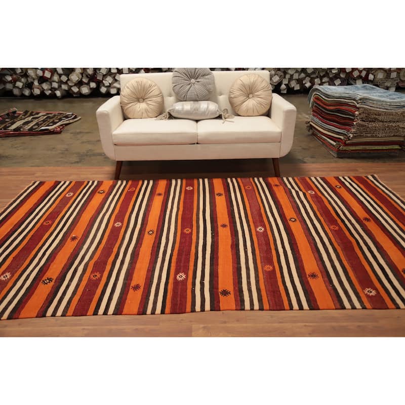 Hand Woven Oriental 100% Wool Carpet Southwestern Tribal Oranges & Rust Kilim Area Rug - 9' 11'' X 5' 7''