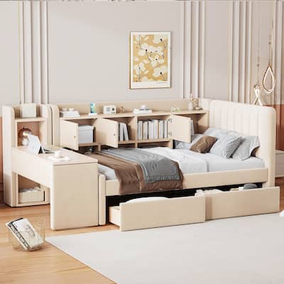 Twin Size Upholstered Daybed with Drawers, Shelves, Flip Cabinets & Side Table